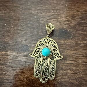 Gold Filigree Hamsa Pendant with Turquoise Stone